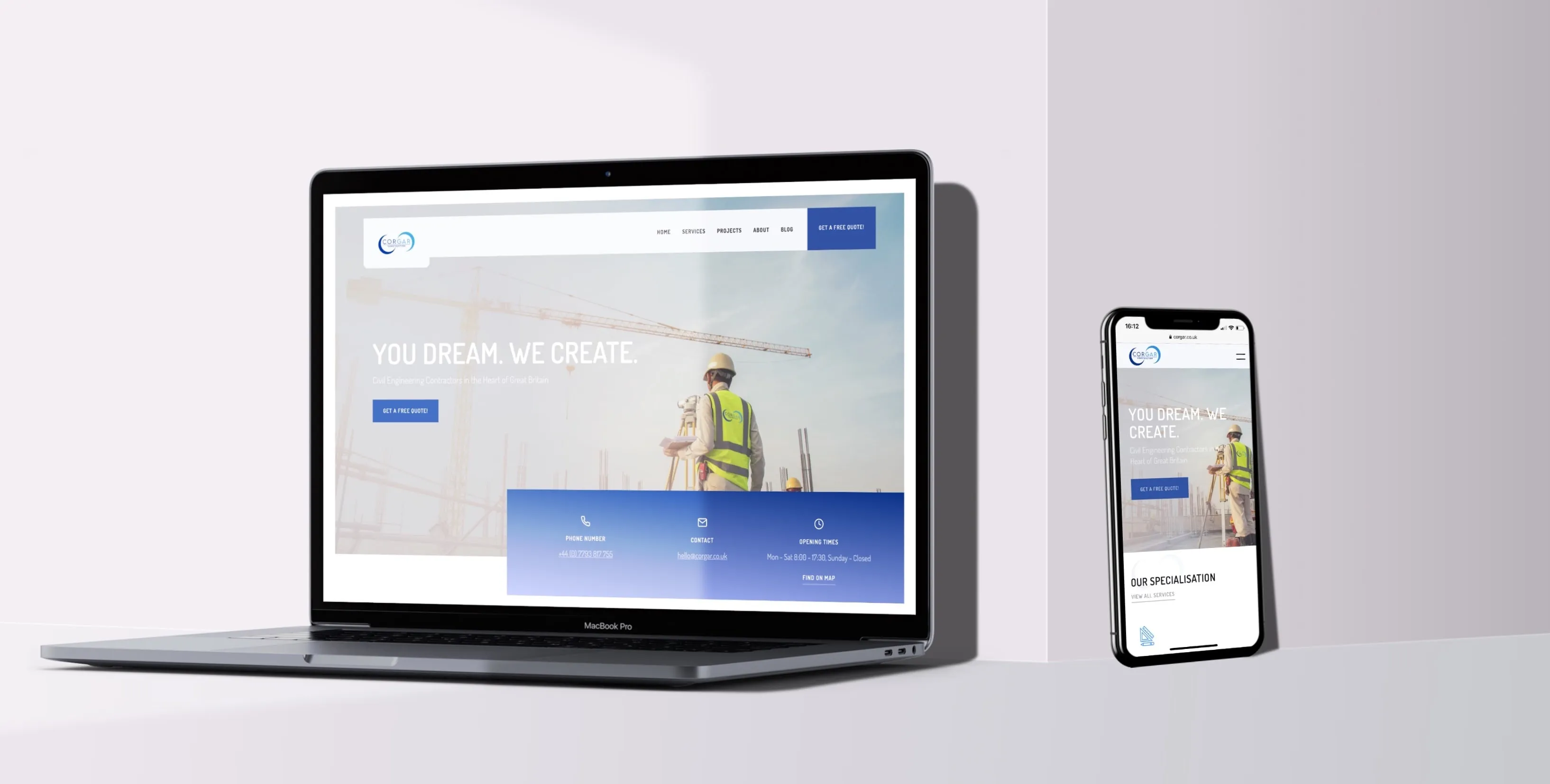Responsive CORGAR website mockups on laptop and phone